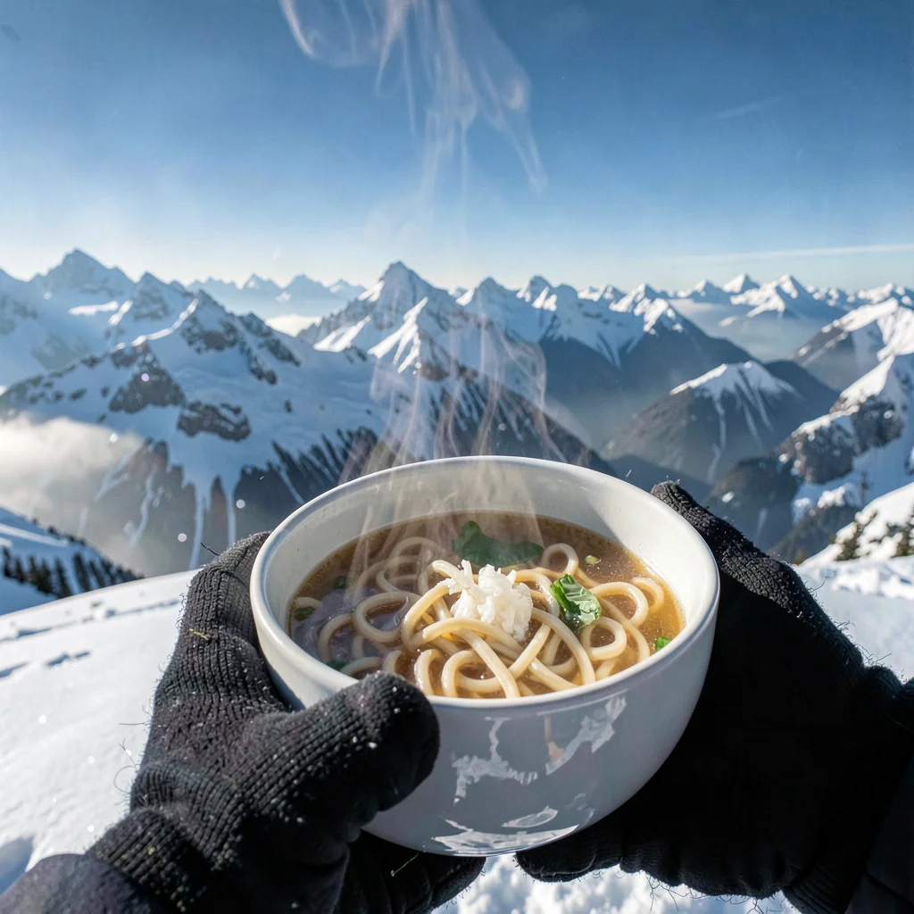 Crystal clear high-altitude light, sharp mountain air quality, A bowl of hot sou
