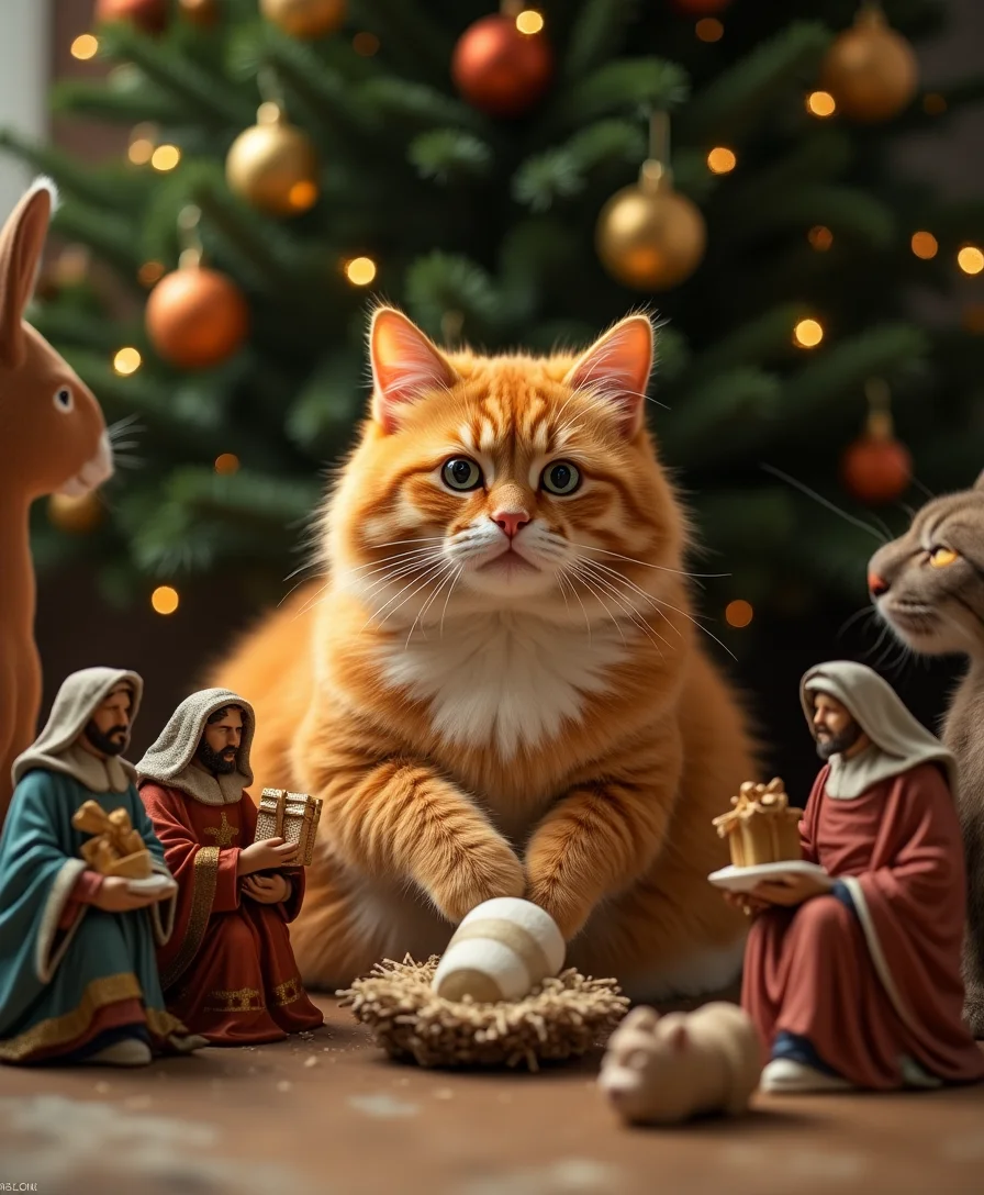 Super fat orange cat sitting in nativity scene und