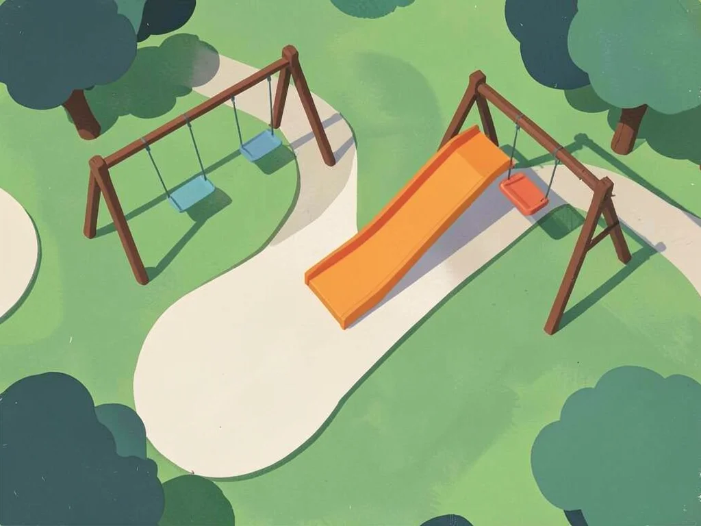 Children's playground viewed from above — swings, slide, paths as flat shapes
