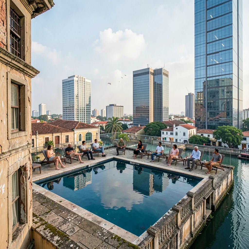 Casco Viejo restoration meeting modern Panama City, A luxury rooftop pool reflec