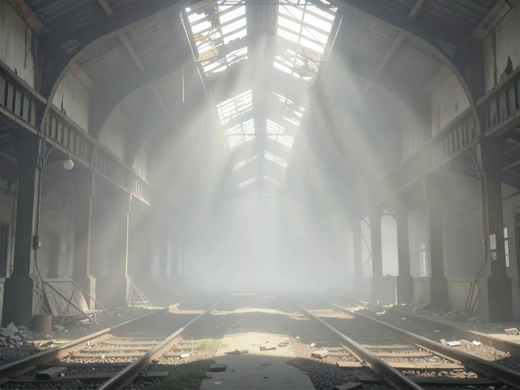 Disused railway station hall with broken skylights, rays of weak sun catching du