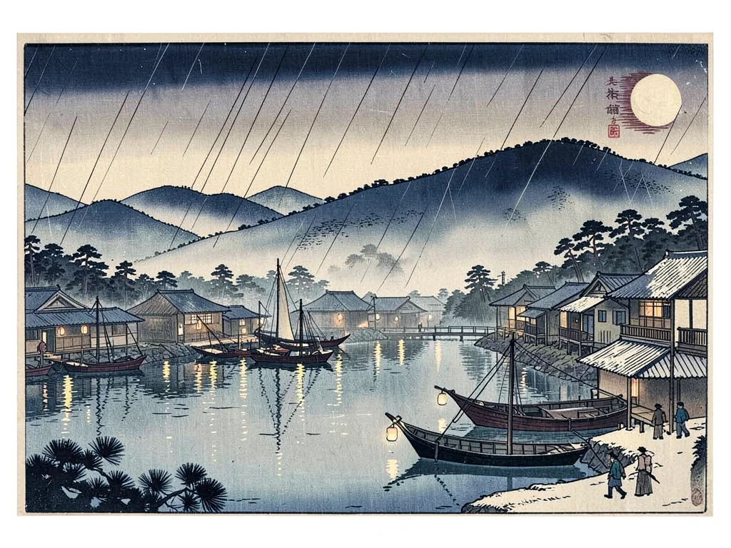 Coastal fishing village at night — lantern reflections in the still water, hills