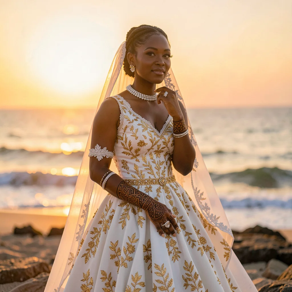 Peachy golden Dakar sunset light through sea haze, Bride in white and gold seneg