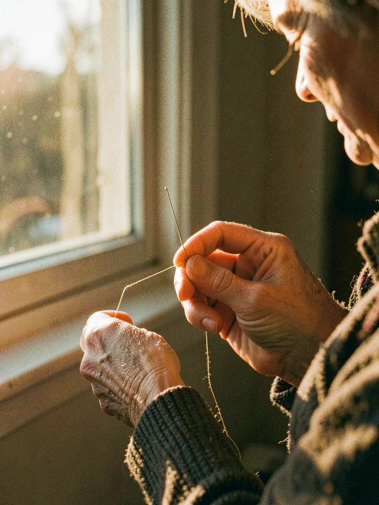 A grandmother's hands threading a needle in late afternoon window light, the thr