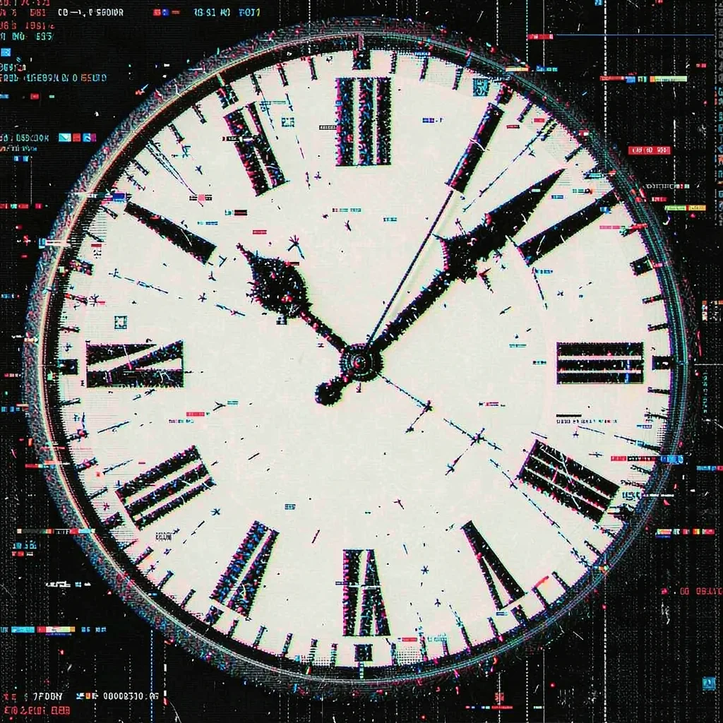 Glitch art illustration, clock face corrupted and stretched , digital corruption