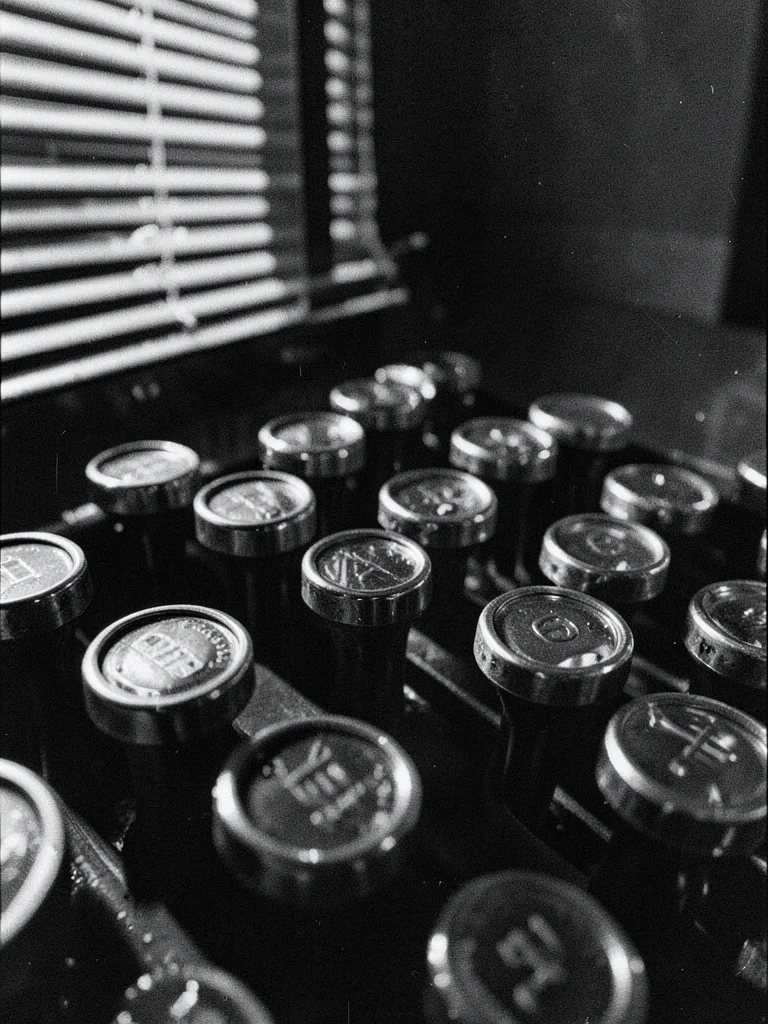 Row of typewriter keys from low angle, circular glass caps with metal rings