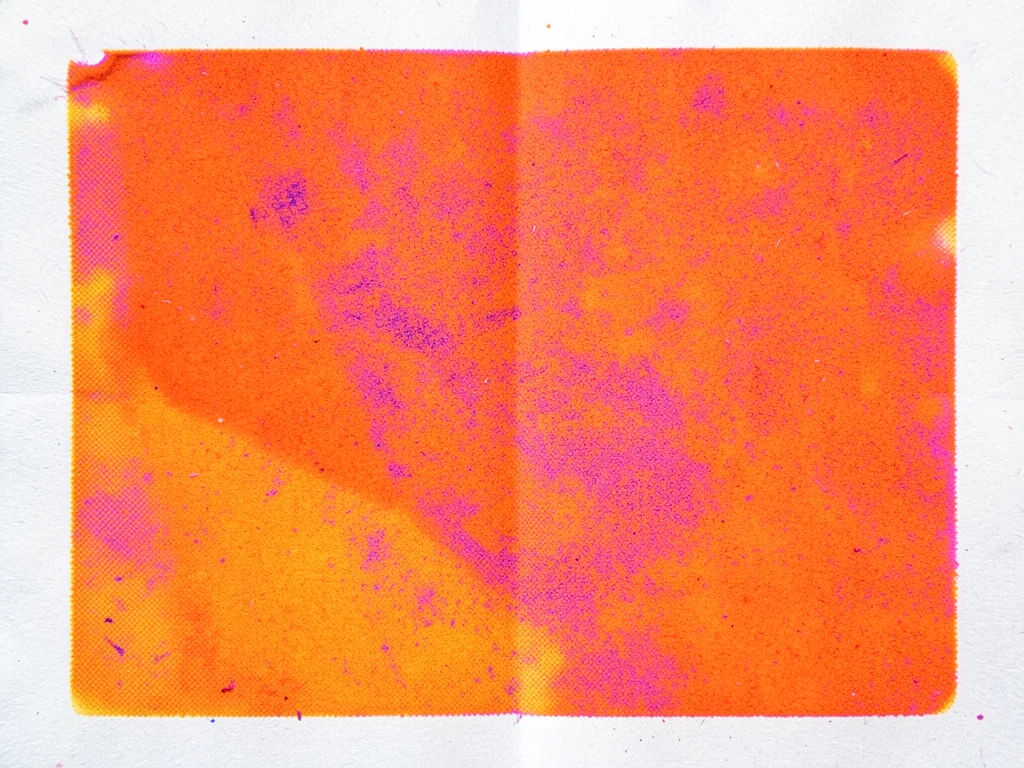Heavy ink risograph pull, so much fluorescent orange that paper buckles slightly