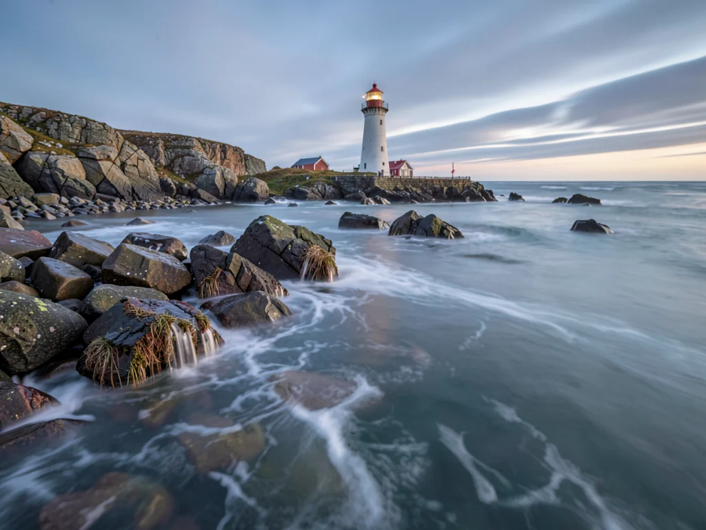 Lighthouse on rocks surrounded by cotton water