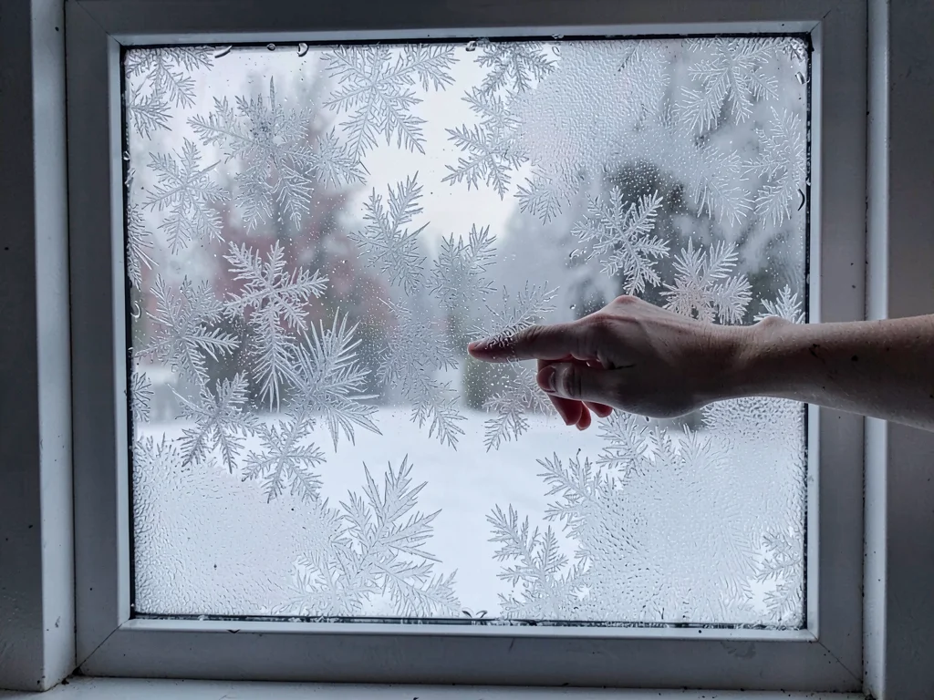 Finger-cleared viewing spot revealing outside