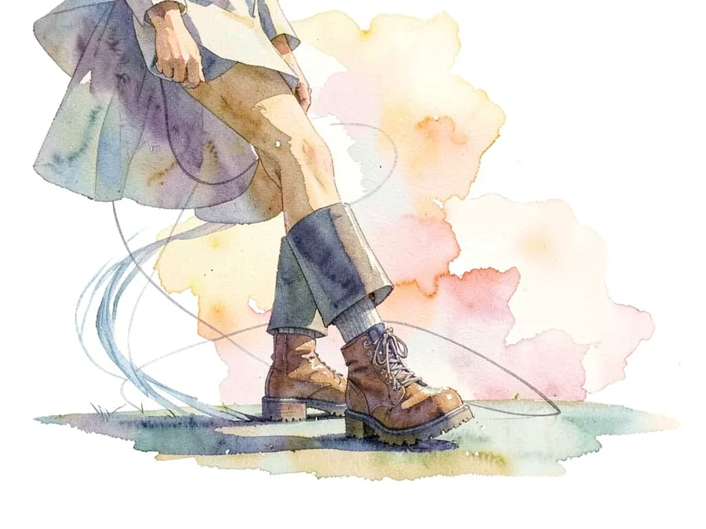 Mid-step solitary figure, weighted boot lifting slow, signal-line drifting in im