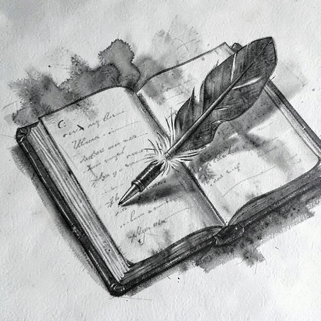 charcoal drawing of an open ledger with quill pen, smudgy shadows