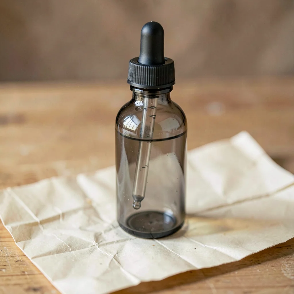 squat apothecary tincture dropper bottle in smoke-grey glass with a black rubber