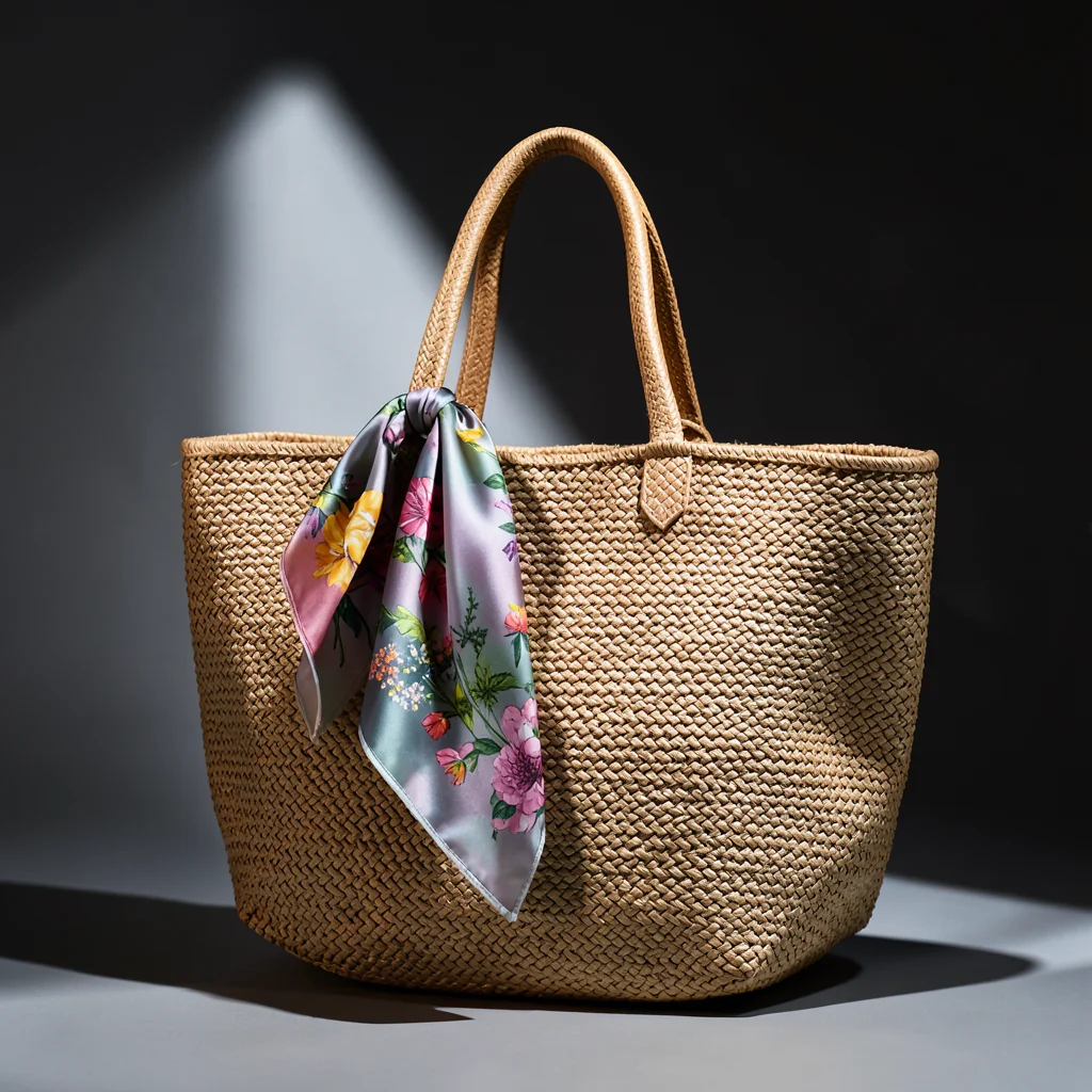 Silk scarf tied around the handle of a woven tote bag, spring colors