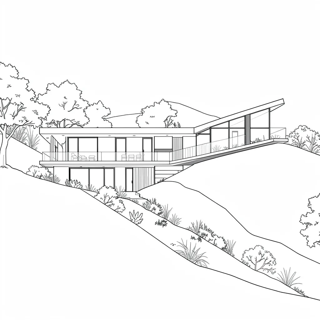 floor plan of a modernist hillside home with cantilevered wings, no text