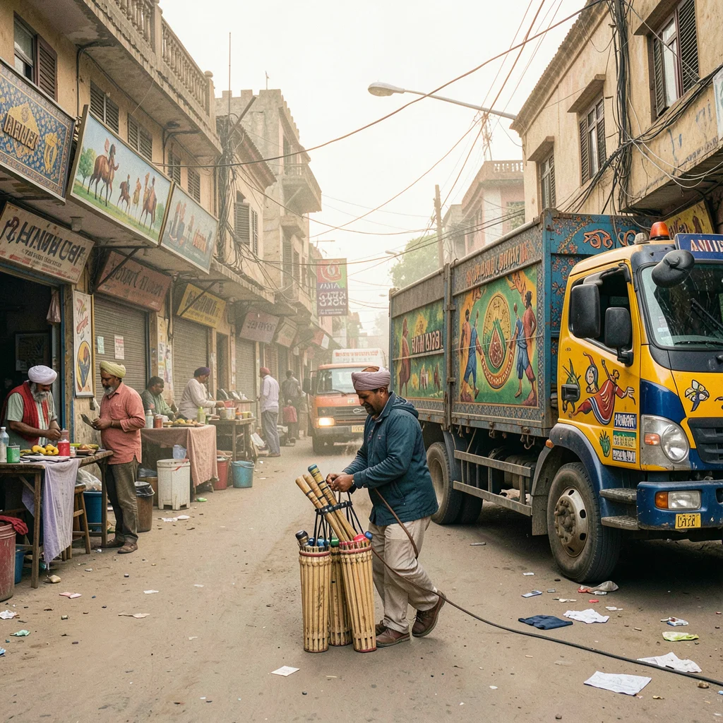 Elaborate decoration surviving dusty Lahore streets, Street vendor selling crick