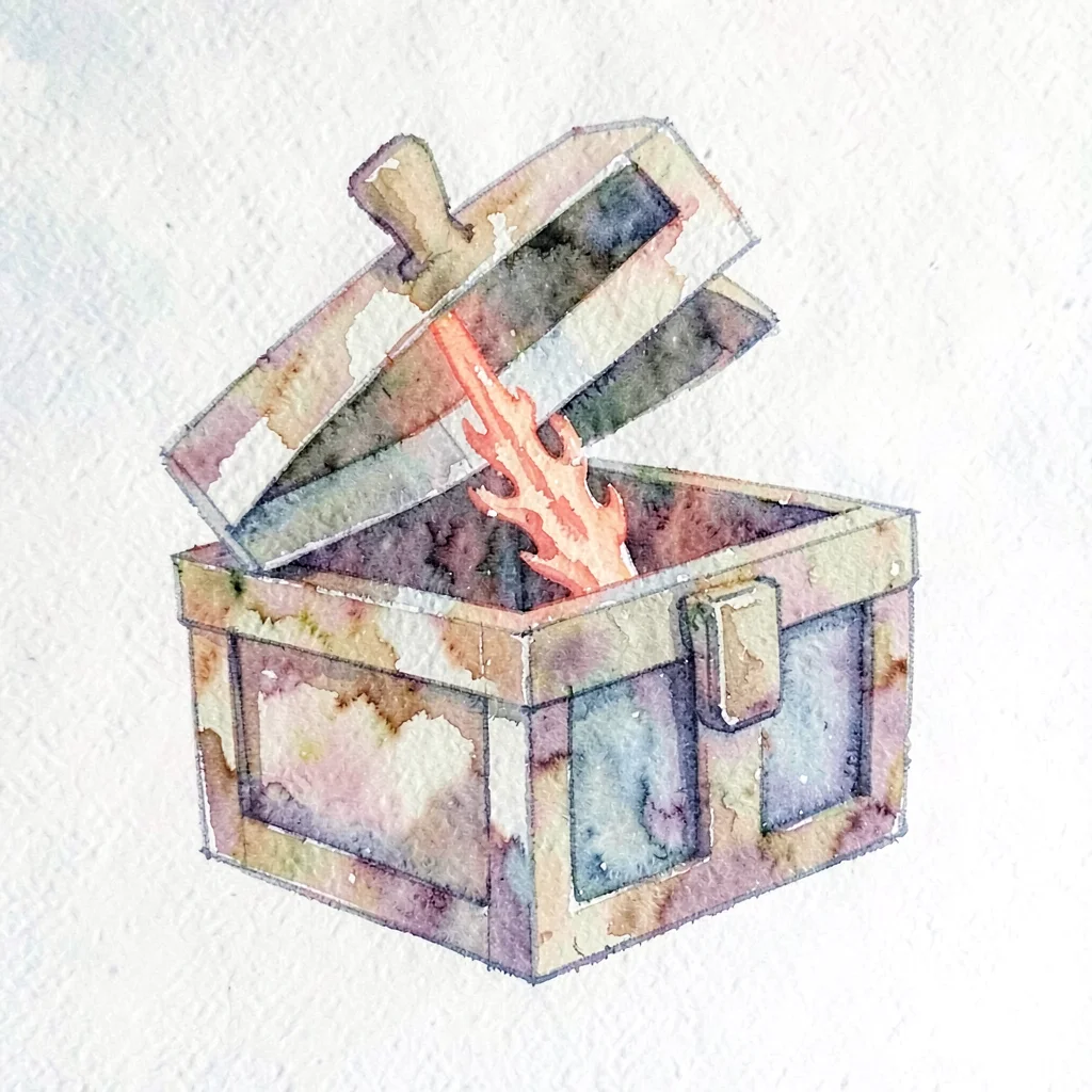 abstract treasure-chest shape with the lid mid-flip and a single coral light-ray