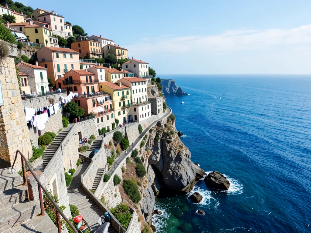 Seaside European-style town on cliff, winding staircases, laundry hanging, blue 