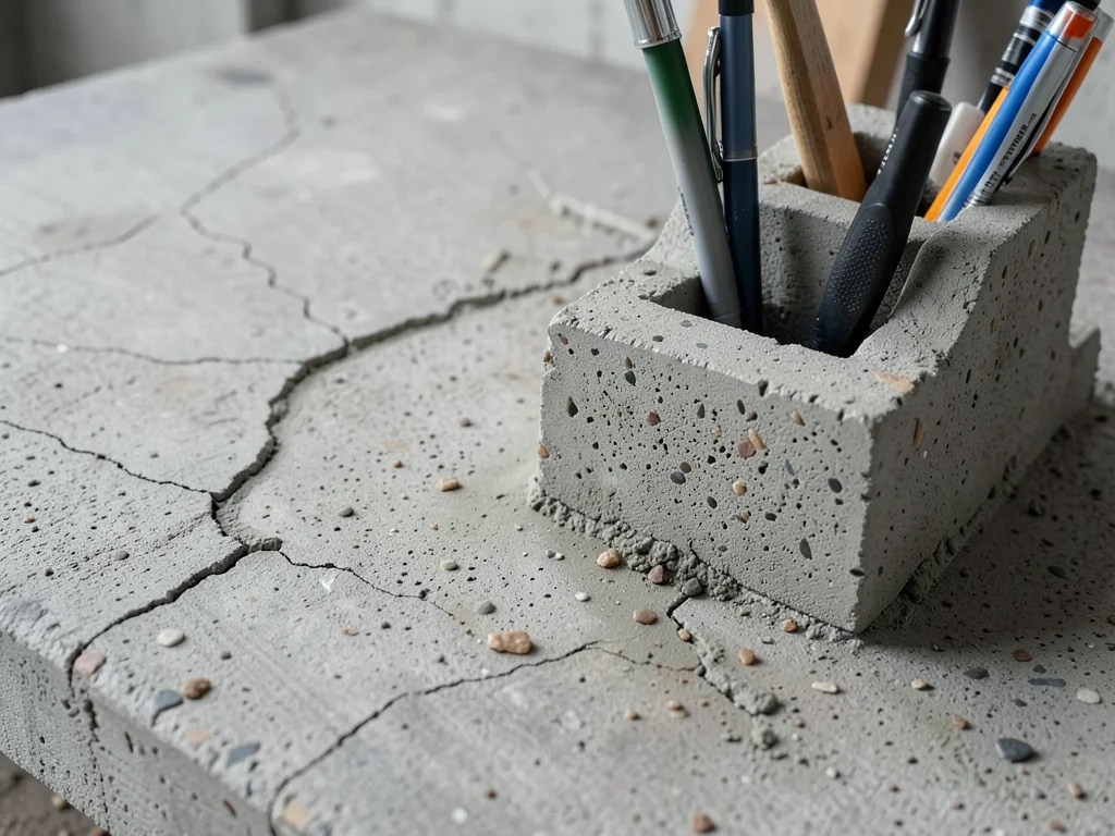 Concrete desk organizer set holding pens and tools, brutalist design, workshop