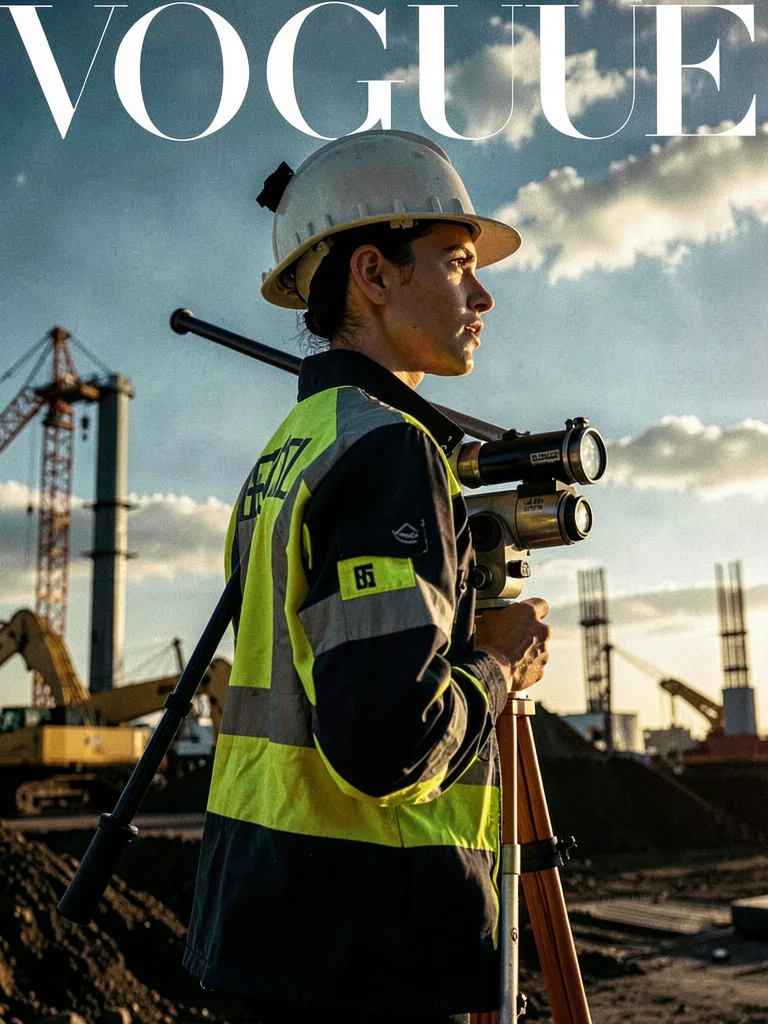 Surveyor with transit, dramatic profile against sky, precision instruments as pr