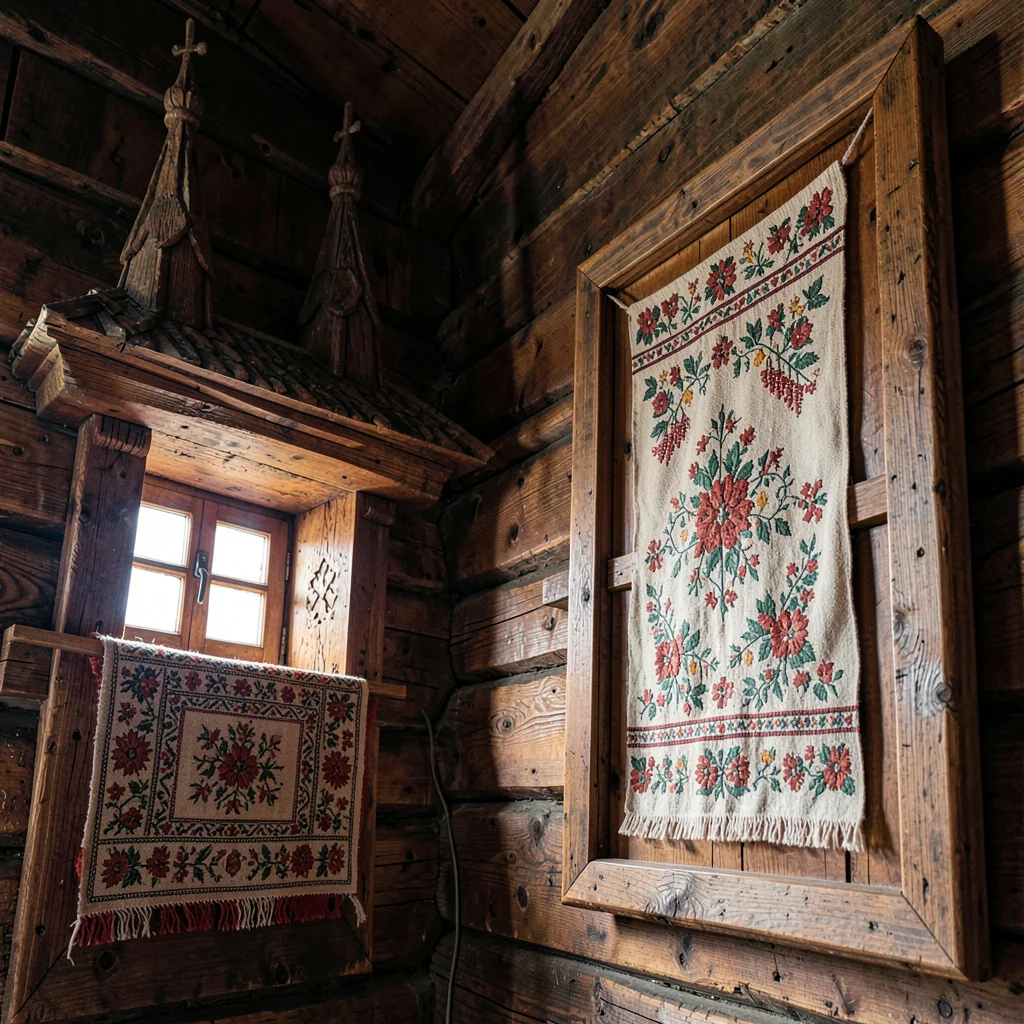 Maramures wooden craft, hand-carved church detail, Traditional embroidered texti