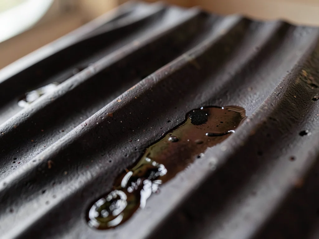 Razor-sharp wheel-thrown ridges in dark stoneware, deep shadows pooling between 