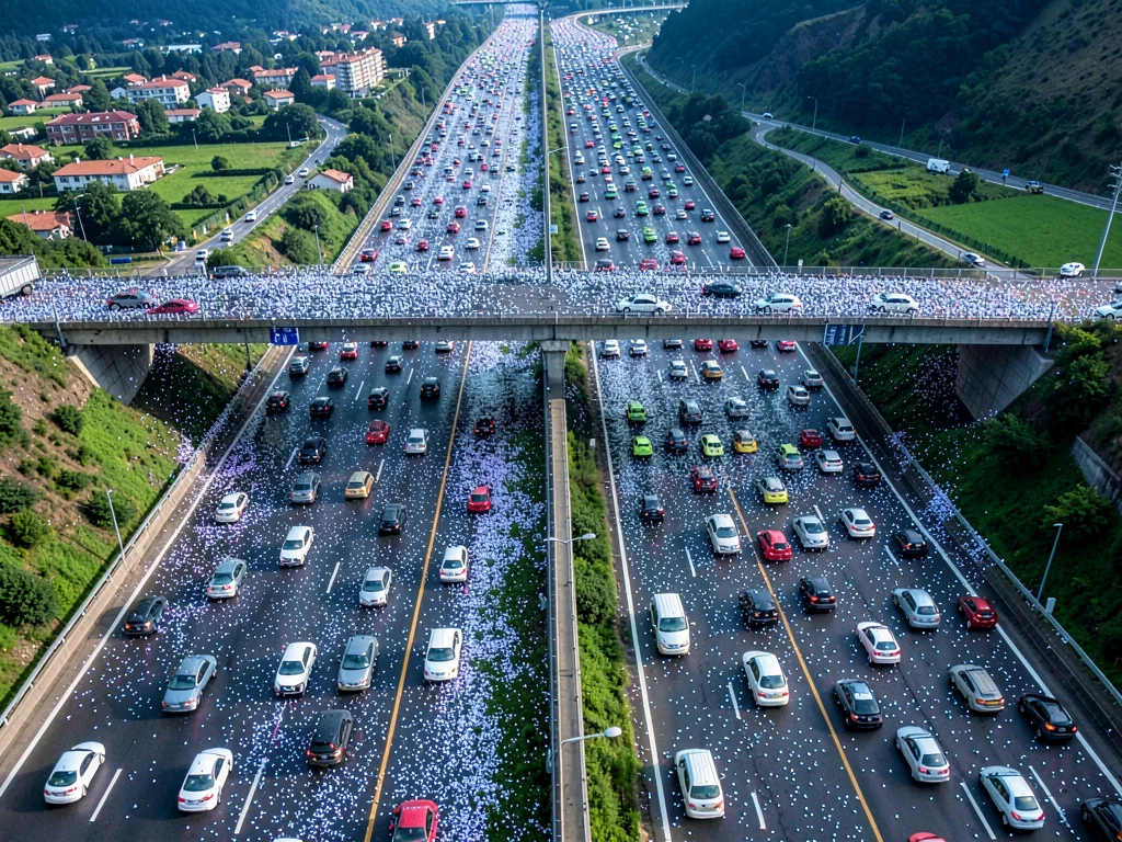 Highway overhead with vehicles dense as particles