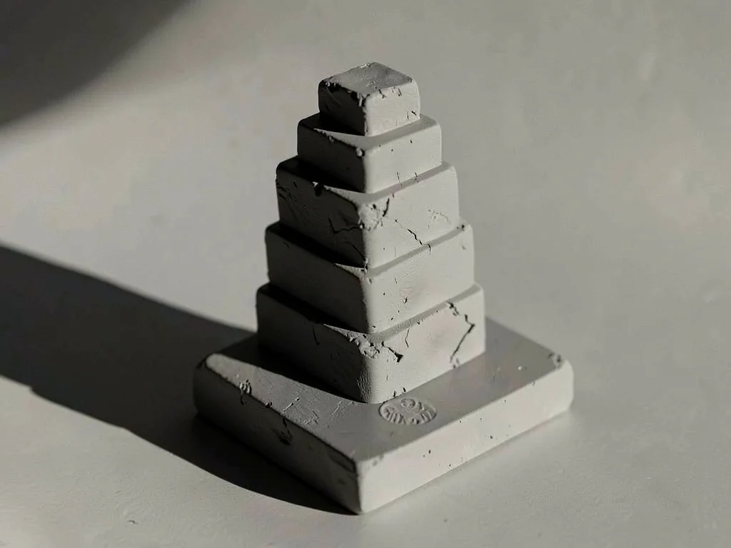 A monolithic stepped tower of unpainted grey clay perched on a tilted plinth, ra