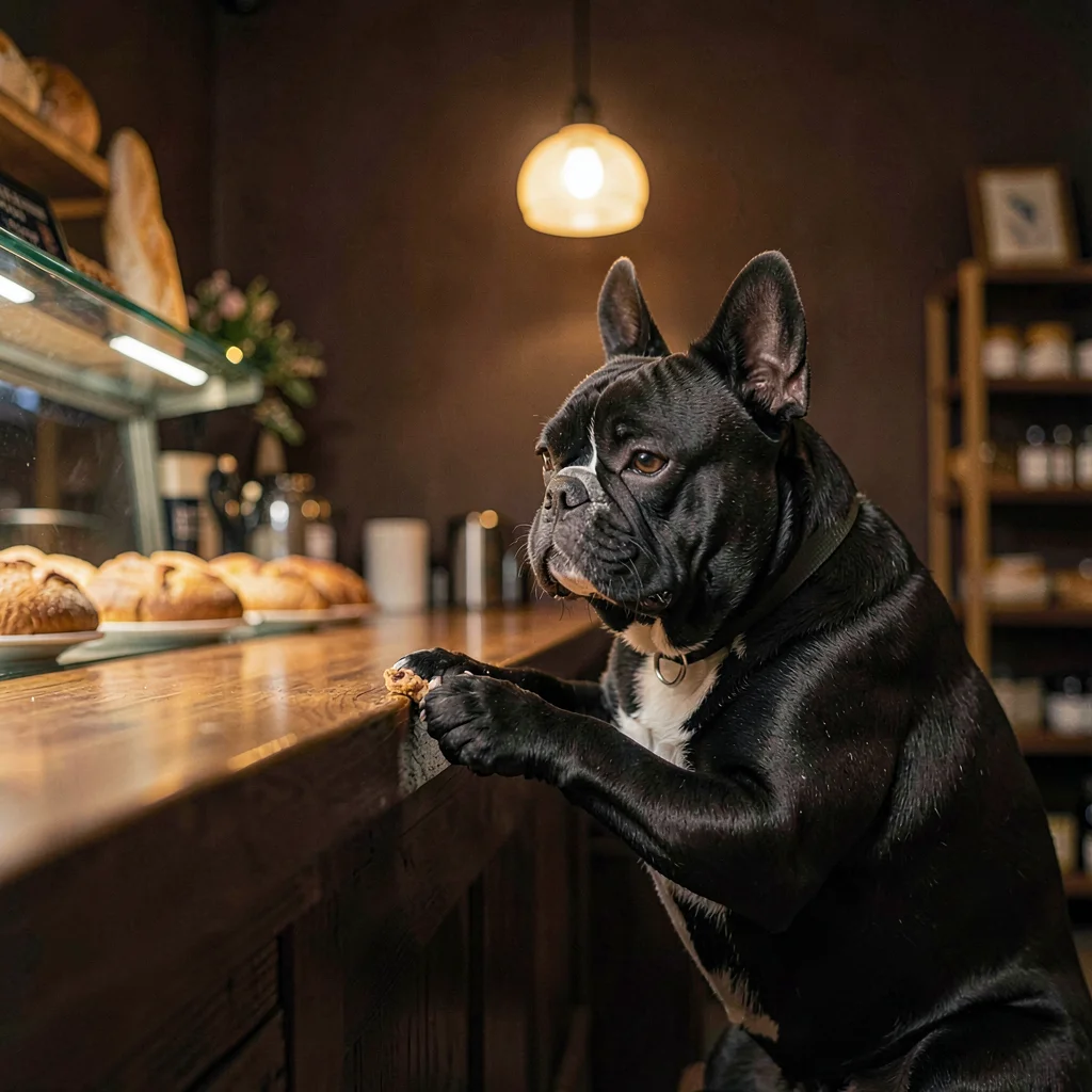 Soft evening lifestyle of a French bulldog being handed a treat at the bakery co