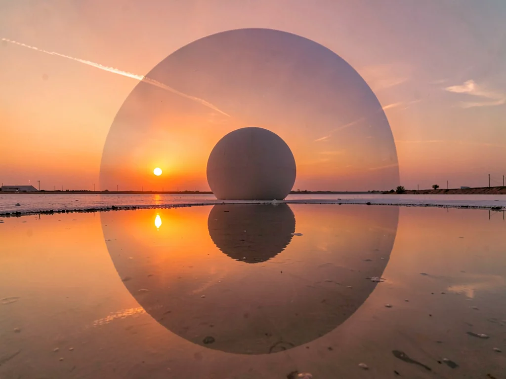 Sunset reflecting creating continuous orange sphere