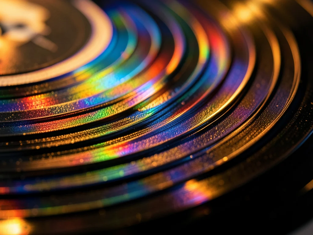 Raking sidelight across LP surface, groove spiral creating concentric rainbow re