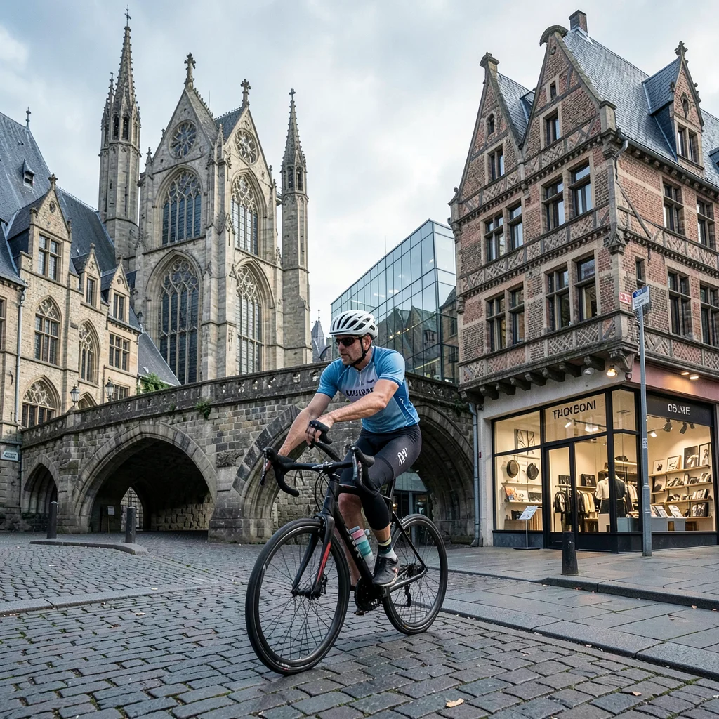 Medieval-modern temporal collision, Ghent layers, Cyclist in aerodynamic gear cr
