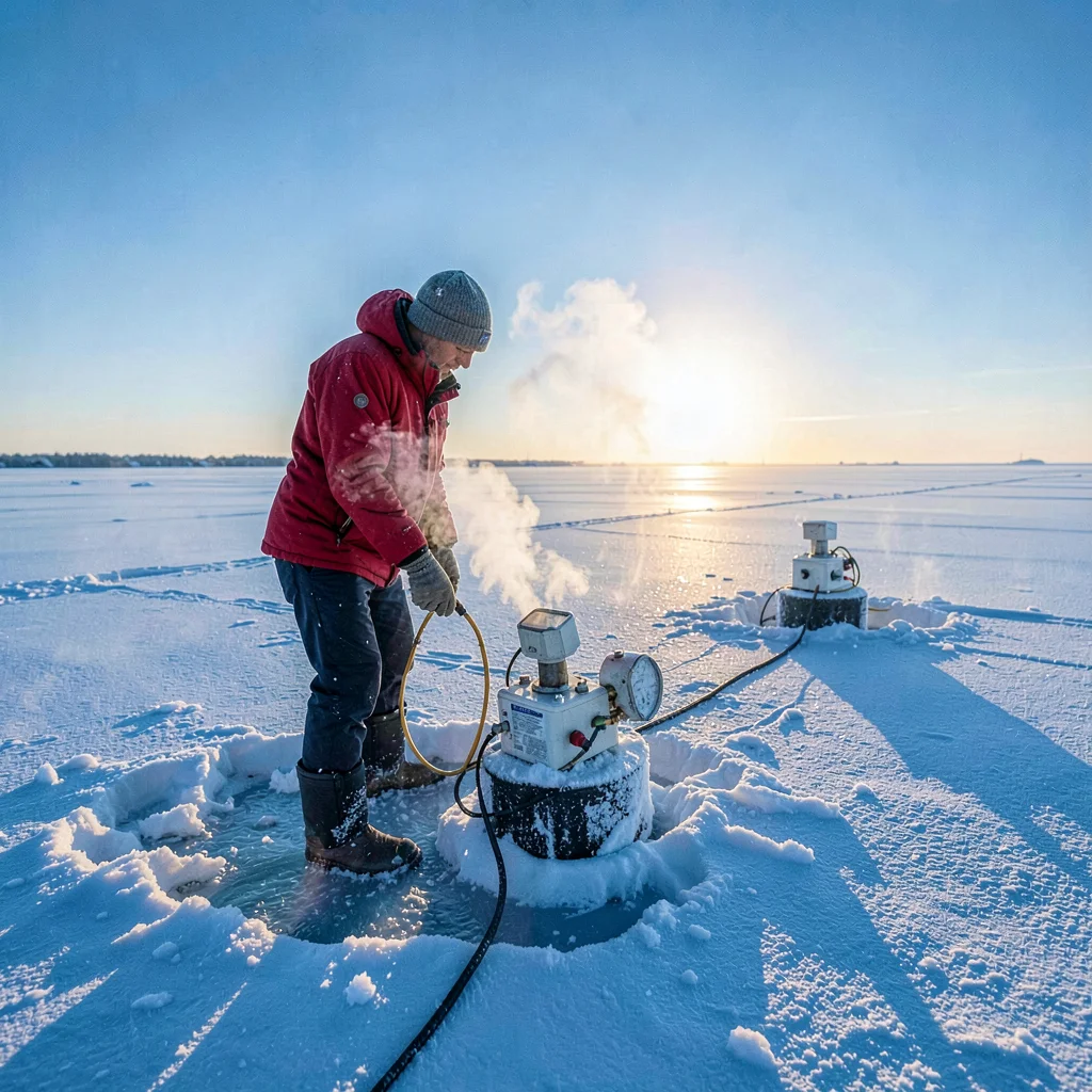 Arctic conditions photograph, extreme cold environment, A researcher in a red pa