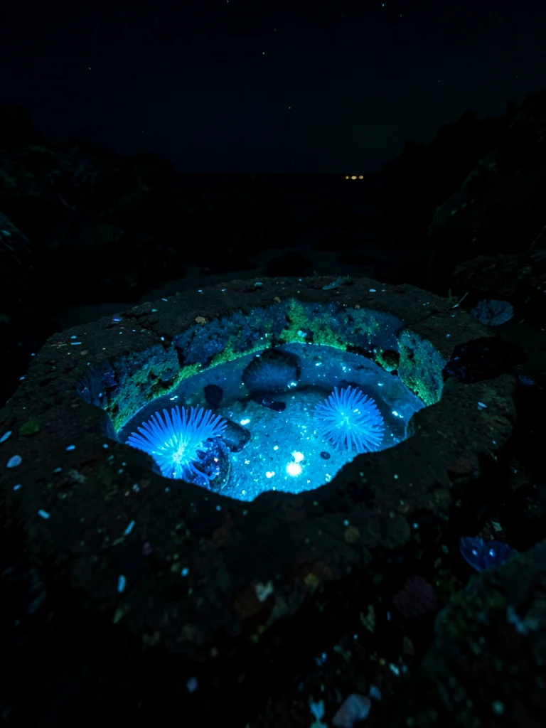 Rock pool at night with trapped bioluminescence — small pool of blue-lit water i