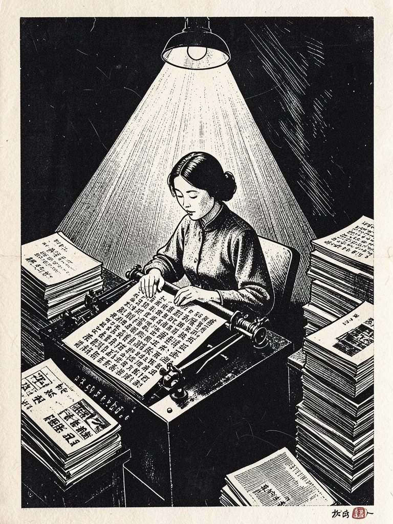 A woman at a typewriter, the paper in the carriage covered in dense text, stacks