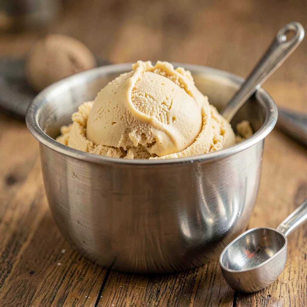Warm photograph of a fresh batch of sorbet in a stainless tub with a scoop resti