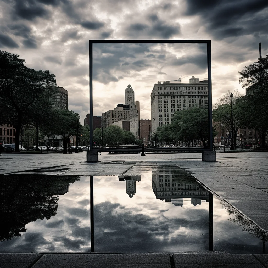 Photo In a bustling city square a tall mirror reflect