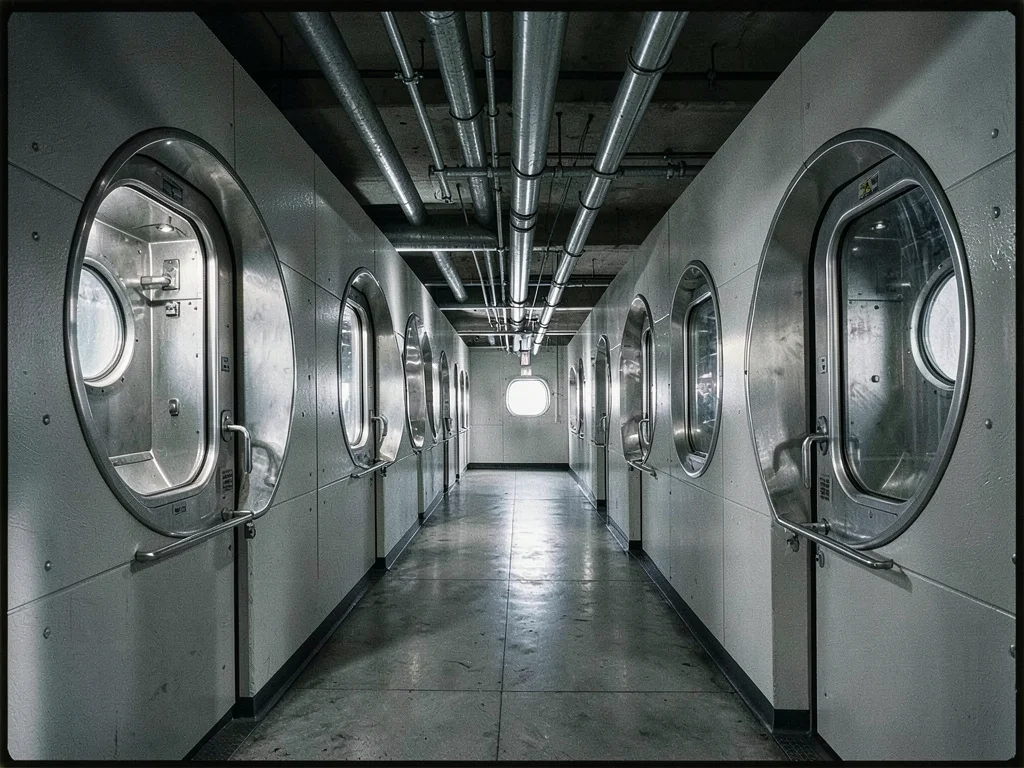 Corridor between capsule blocks — identical hatch doors repeating to a vanishing