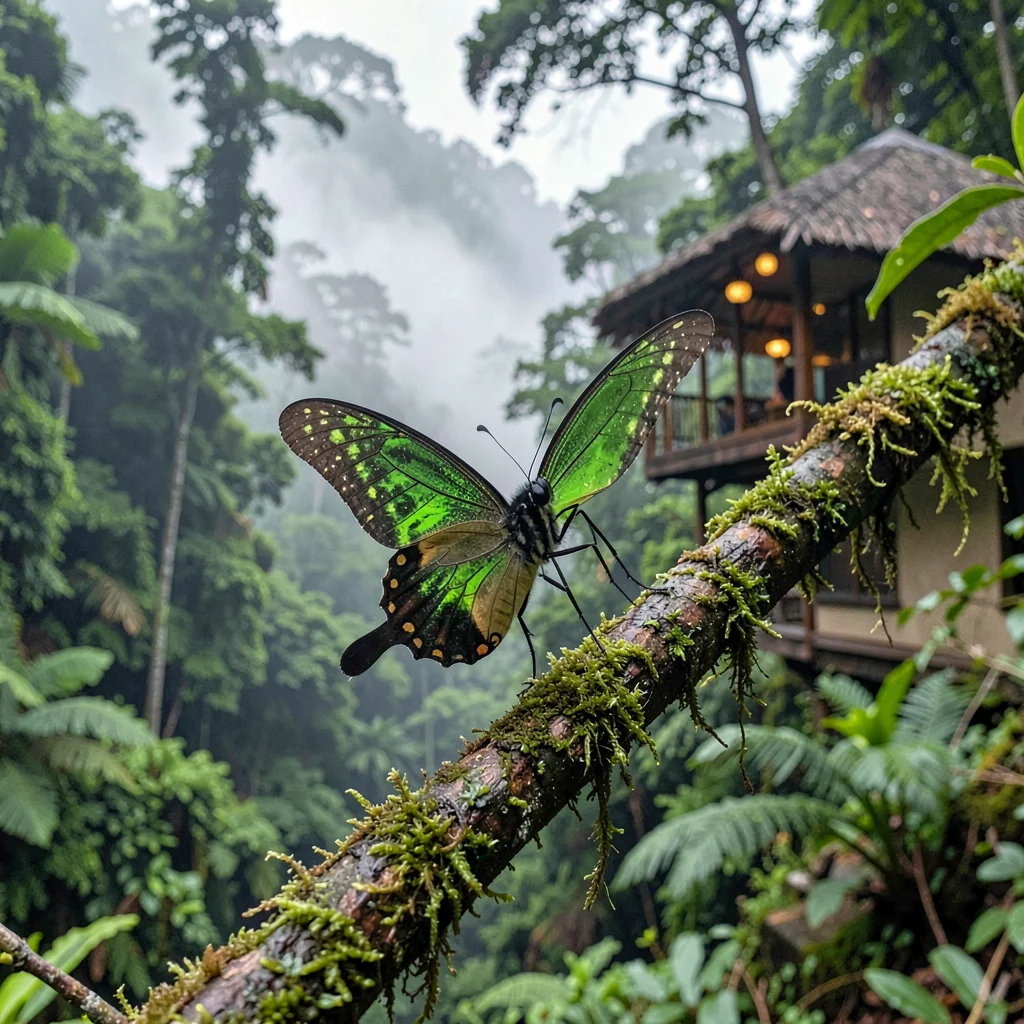 Cloud forest mist layers in Costa Rica, A glass-winged butterfly on a moss-cover