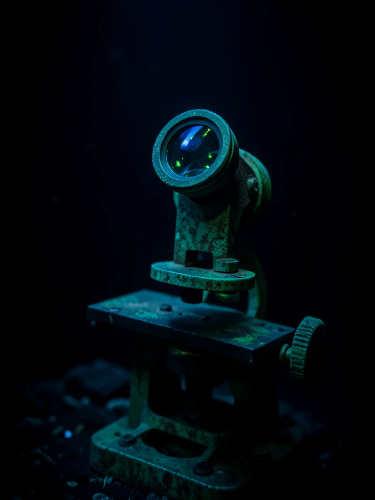 Brass microscope eyepiece and focusing knob, verdigris patina on old instrument
