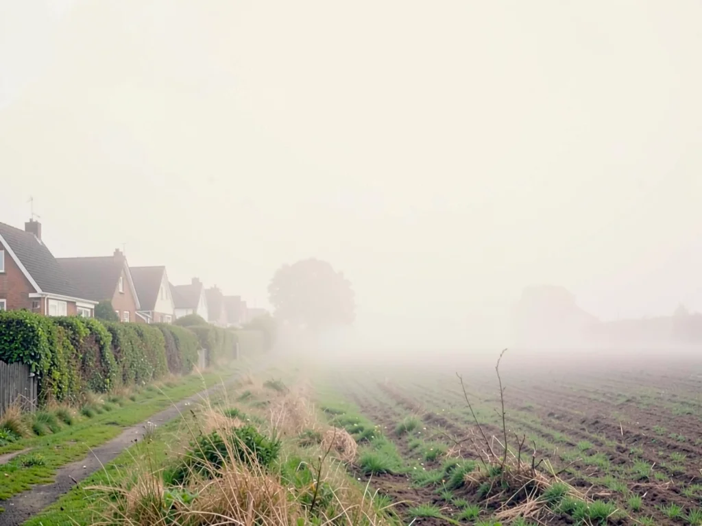 Suburban edge where last row of houses meets cropped field, hedgerows feathering