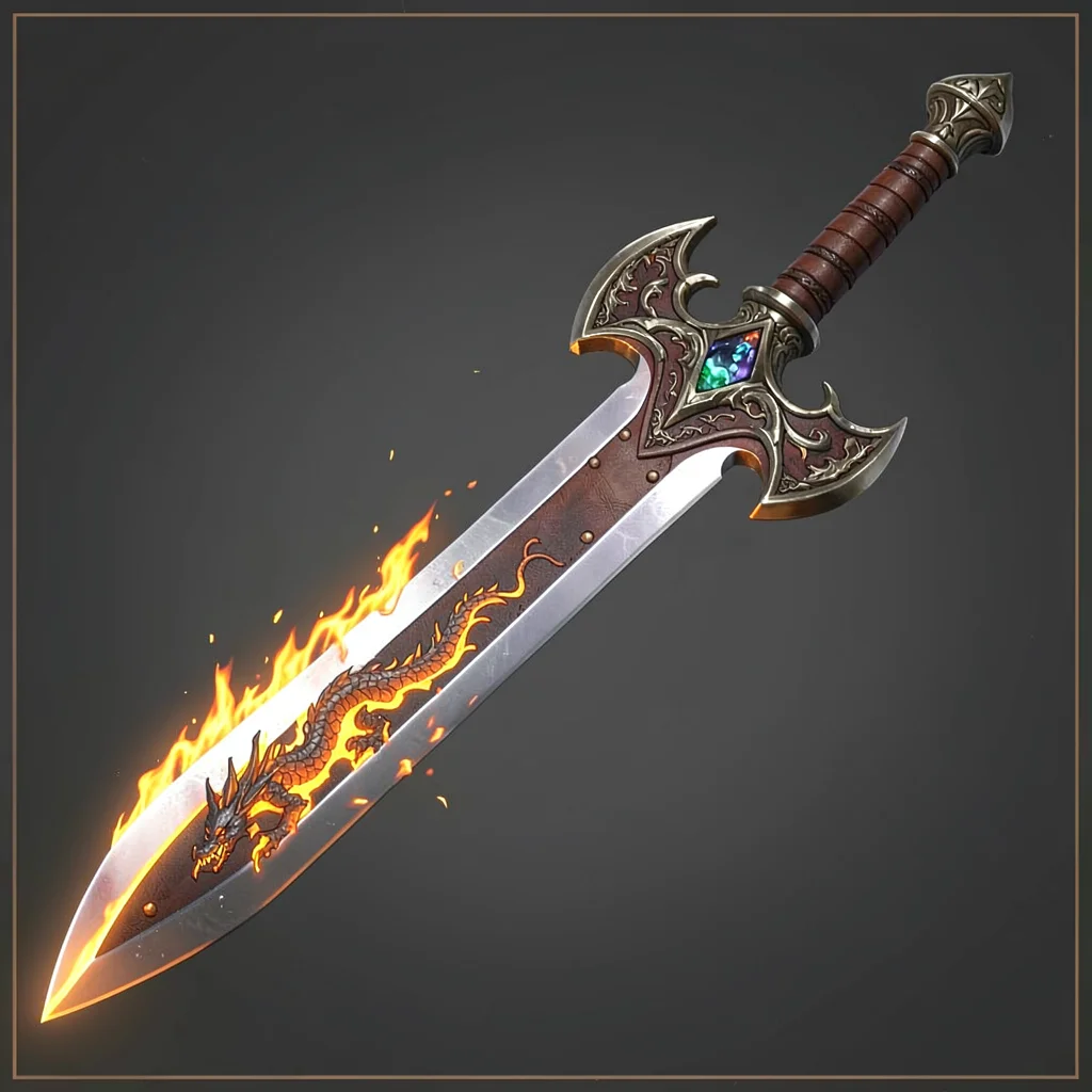Fantasy weapon illustration, a legendary greatsword with dragon motif, flames et