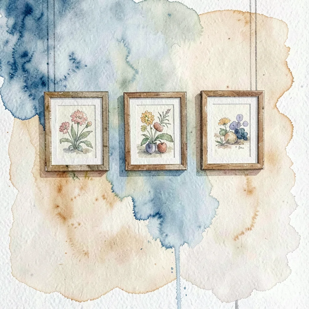Painterly watercolor of an empty crit-wall with three small framed studies, cool