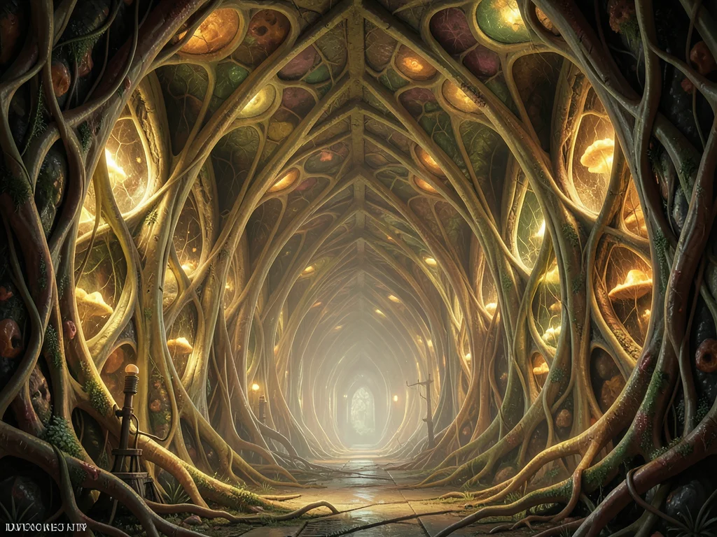 Underground chamber with walls of glowing fungal mycelium, natural cathedral vau