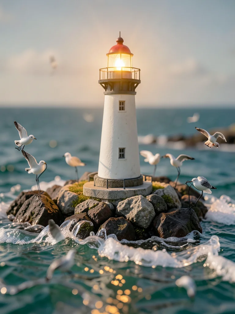 A model lighthouse on a rocky coast: the light actually lit, waves made of clear