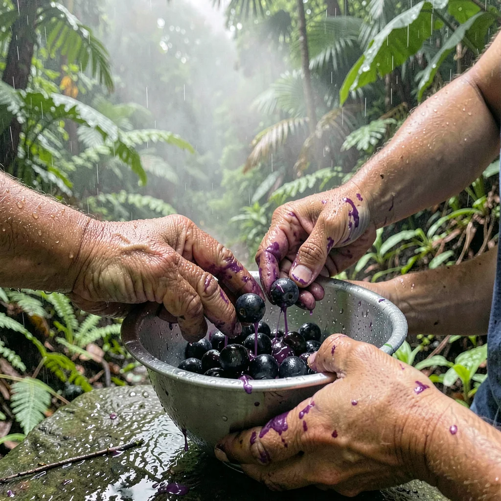Tropical rainforest photograph, humid jungle atmosphere, Hands peeling acai berr