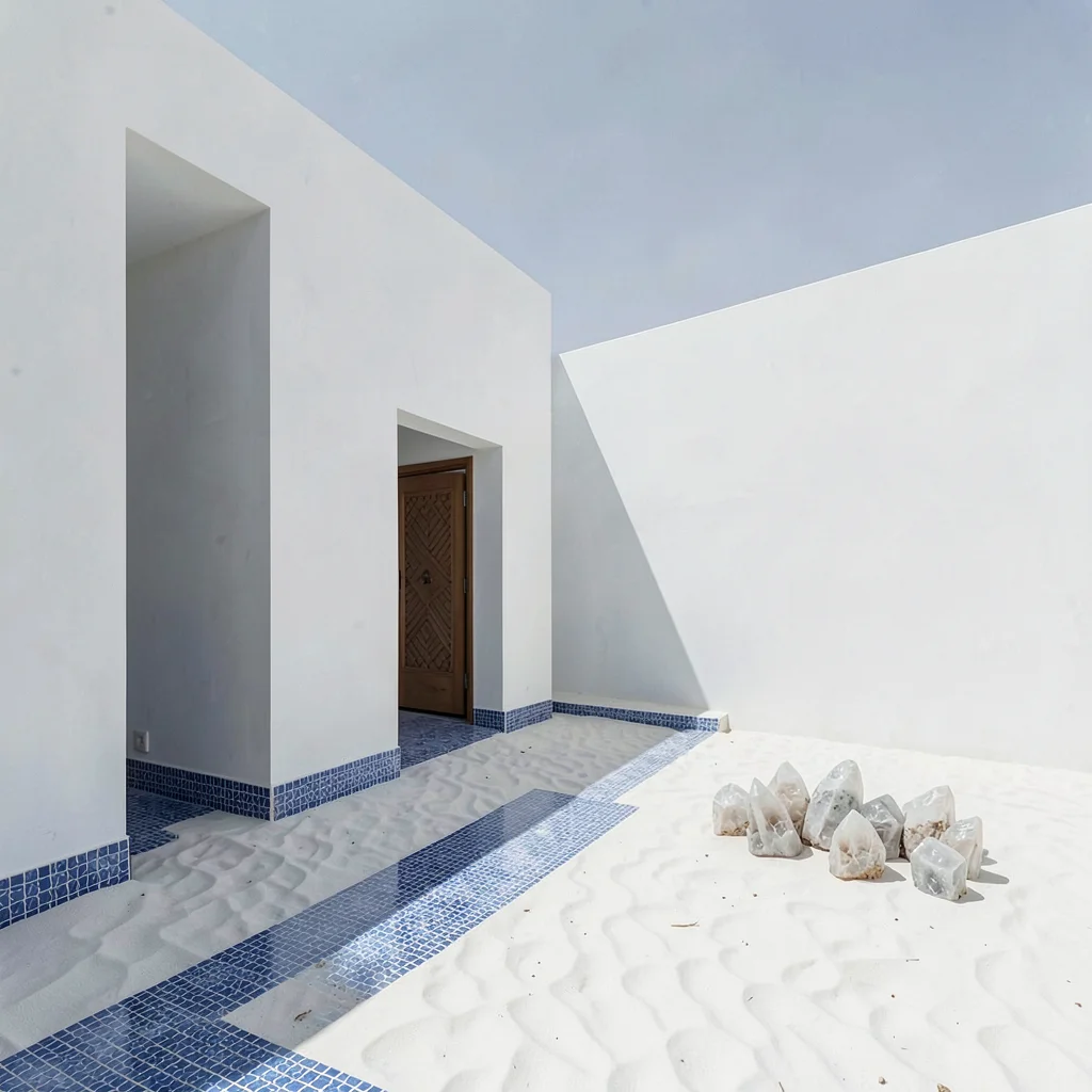 Extreme minimalist restraint of Muscat, Oman, desert rose crystals on white sand