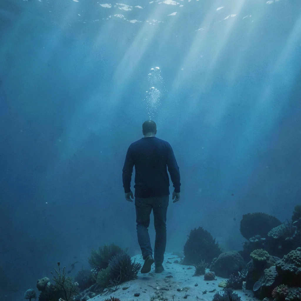 Deep oceanic blue saturation, light filtering through density, A person in a nav