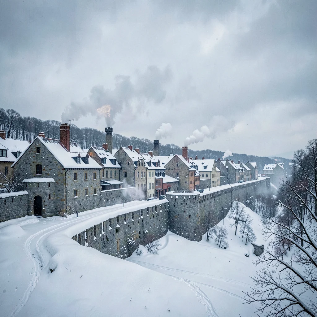Quebec winter heritage, walled city under snow, Chimney smoke rising from stone 