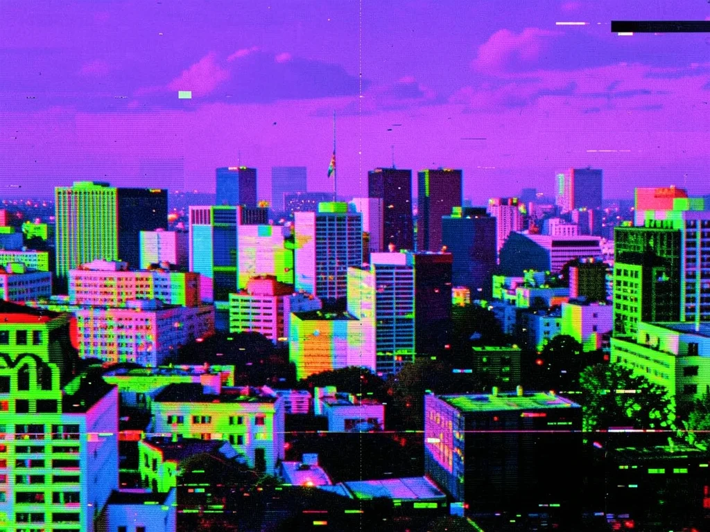 Cityscape with JPEG header corruption, entire color palette scrambled to wrong h