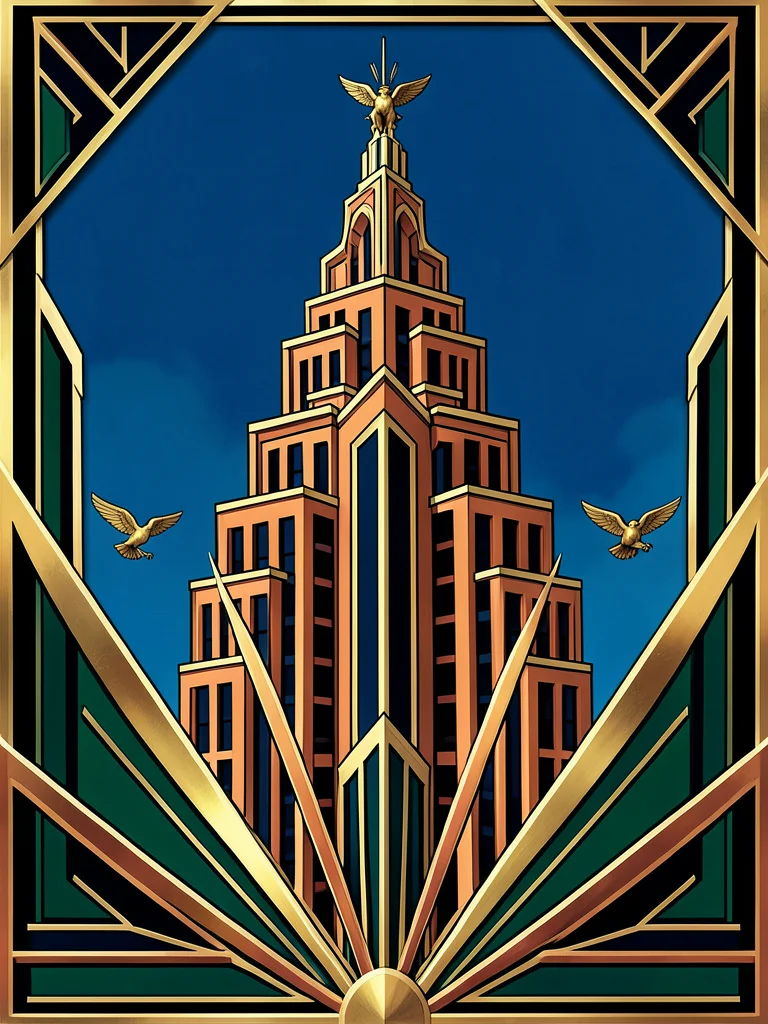 A skyscraper crown detail against blue sky: stepped setbacks, eagle gargoyles, g